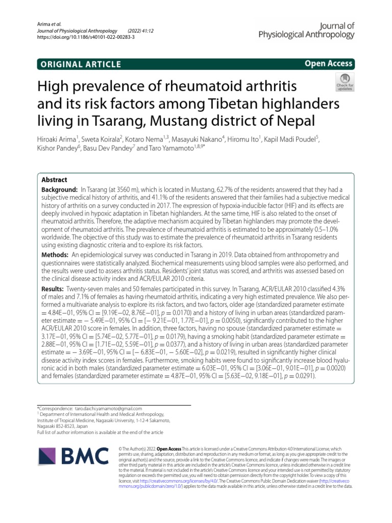 High Prevalence of Rheumatoid Arthritis and Its Risk Factors Among ...