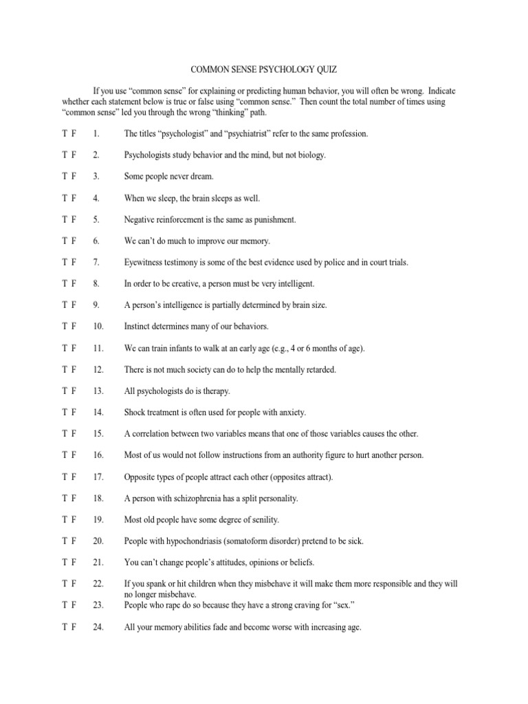 Common Sense Psychology Quiz | PDF | Suicide | Psychology