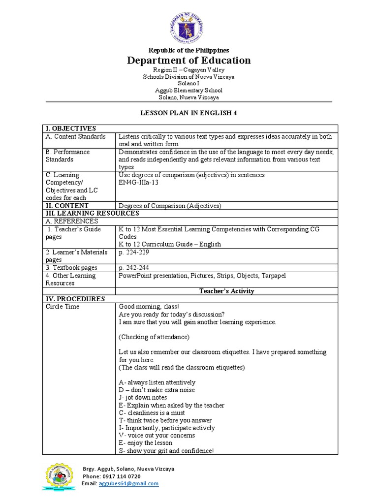 Lesson Plan Degrees Of Adjectives Pdf Teachers Lesson Plan