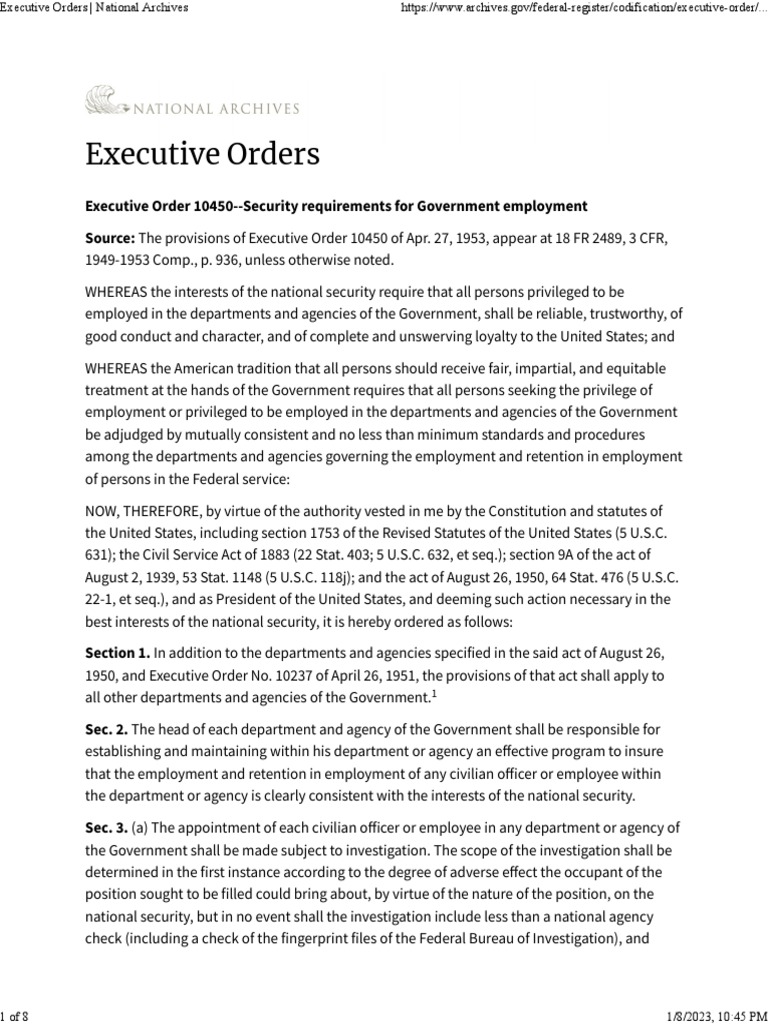 Executive Orders 10450 National Archives 04271953 PDF