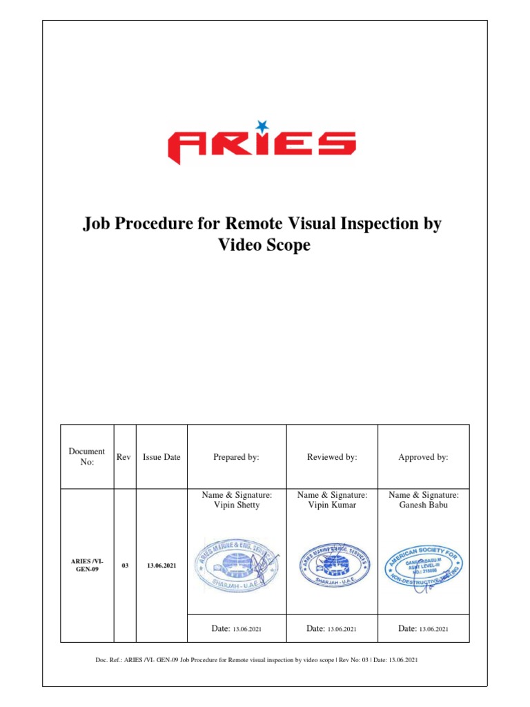 Visual Inspection Procedure (Video Scope) Vi Cam PDF Nondestructive