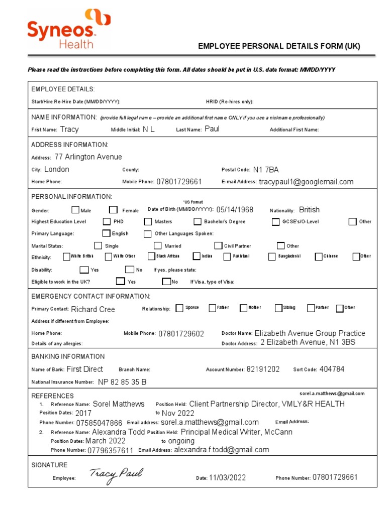 Tracy Paul New Hire Personal Details Form UK UPDATED PDF