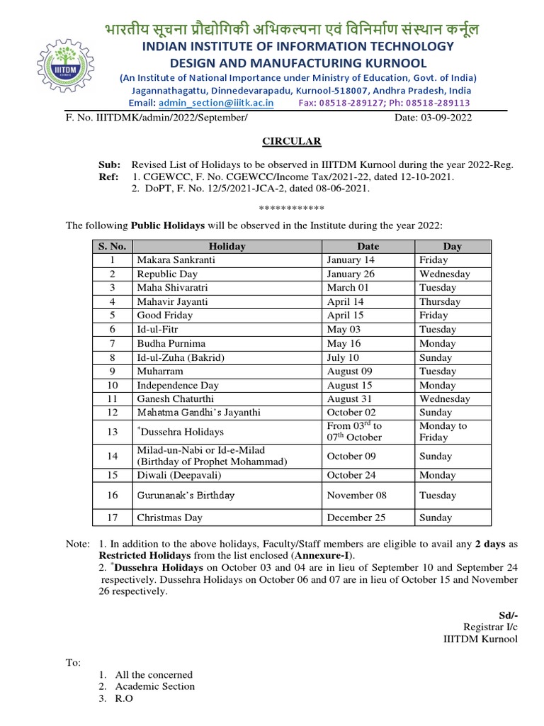 Revised List of Holidays 2022 PDF Public Holiday Indian Religions