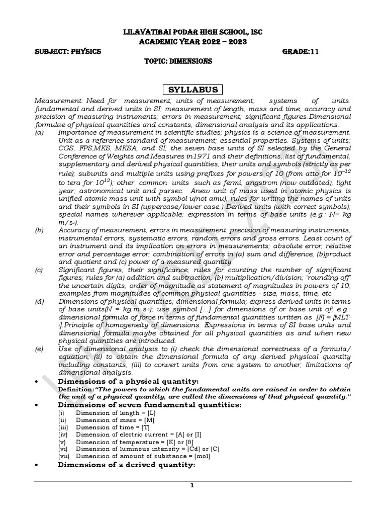 Dimensions Pdf Measurement Physical Quantities