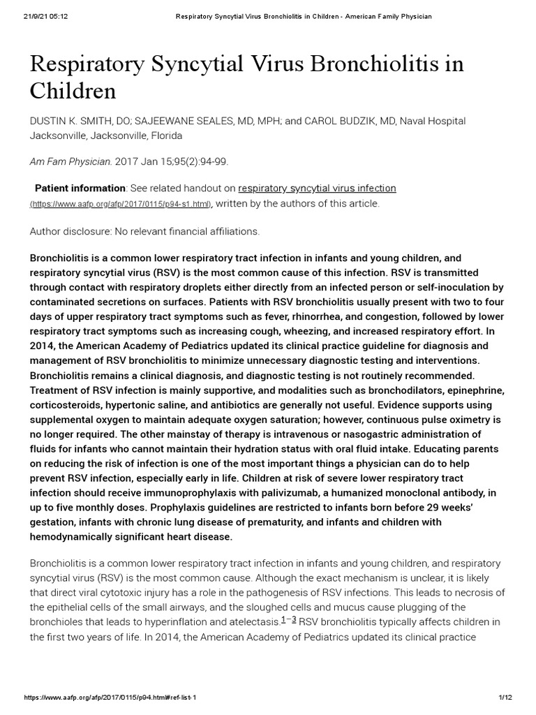 Respiratory Syncytial Virus Bronchiolitis in Children American Family