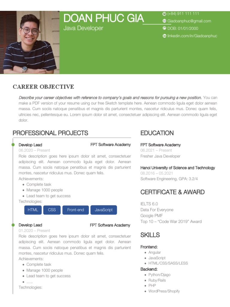 Java Developer Resume of Doan Phuc Gia | PDF | Software Engineering ...