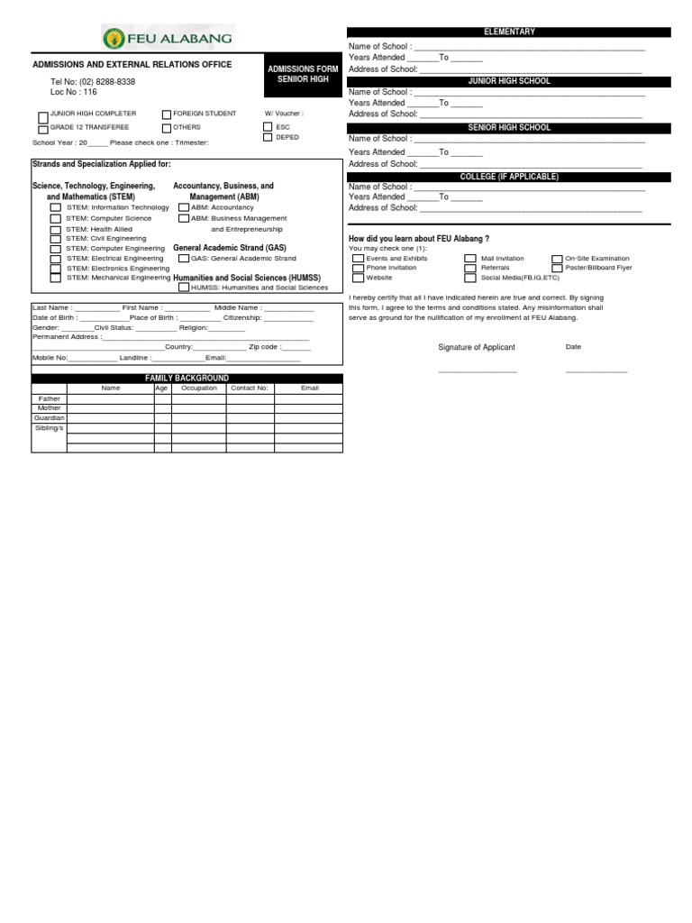 FEU Senior High School Admission Form | PDF | Science, Technology ...