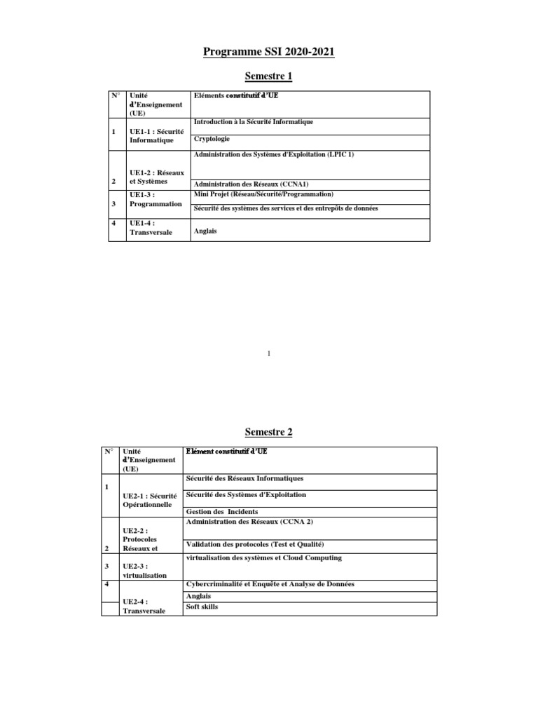 Programme SSI 2020-2021 : Cours et UE | PDF | Ordinateurs