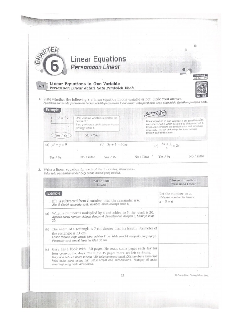 Form 1 Matematik Bab 6 Persamaan Linear | PDF
