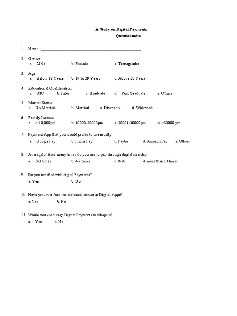 Questionnaire On Awareness On Digital Payments PDF Service
