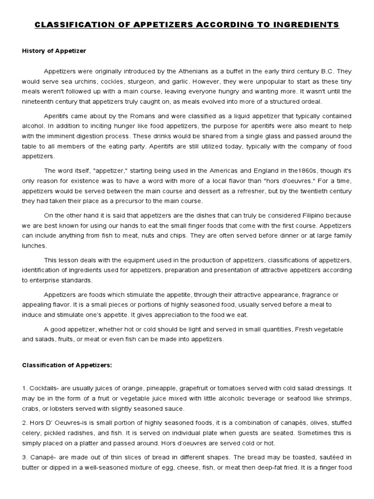 Classification of appetizers according to ingredients pdf hors d