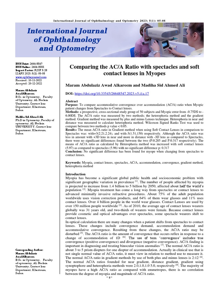 AC/A Ratio in Myopes: Spectacles vs. Contacts | PDF | Myopia | Glasses