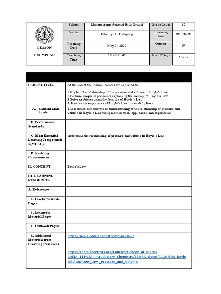 Lesson Boyles Law G10 Pdf Gases Pressure