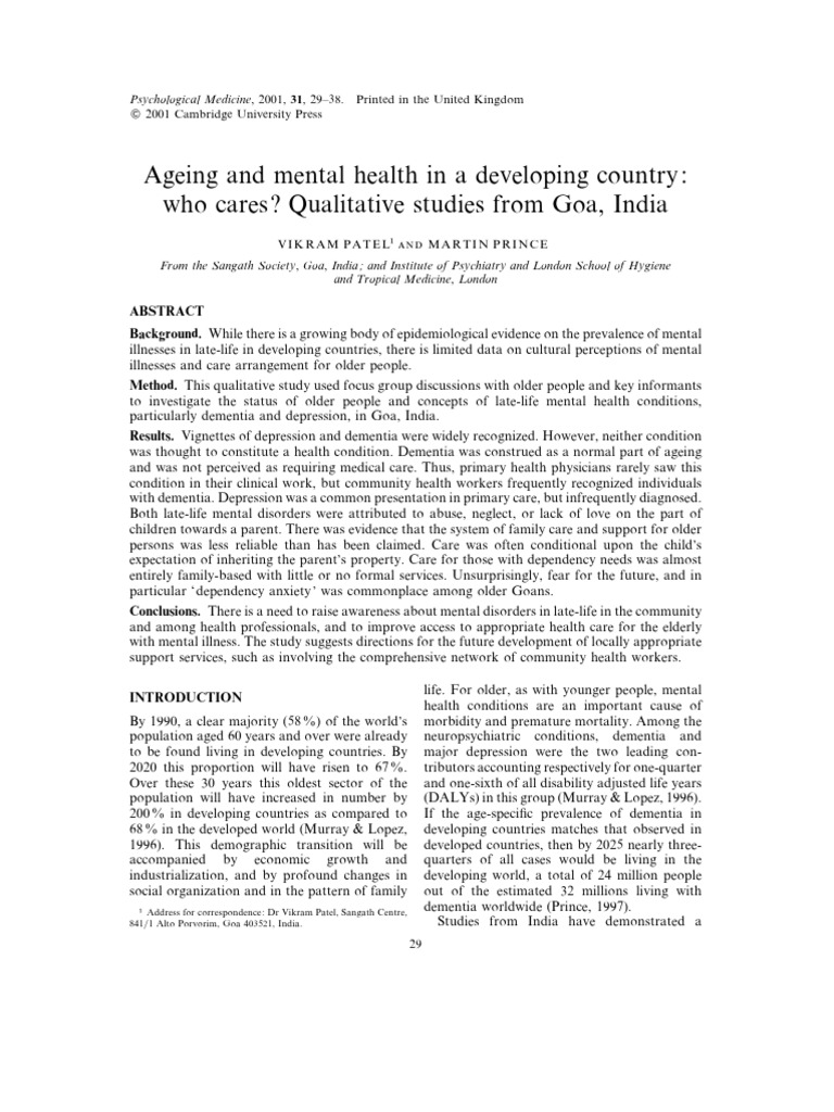Mental Health and Ageing in Goa, India | PDF | Dementia | Mental Disorder