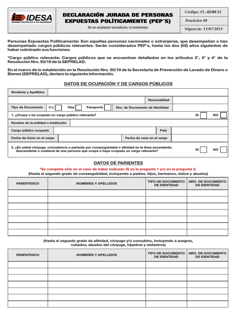 Declaración Jurada PEP's | PDF | Parentesco