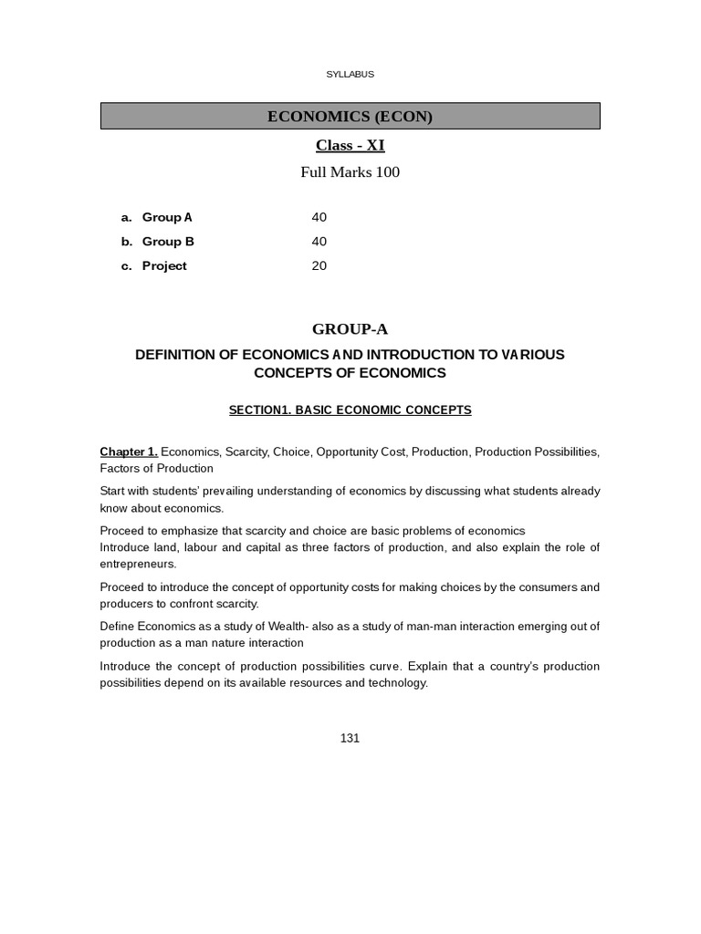Economics Class 11 Syllabus | PDF | Economics | Supply And Demand