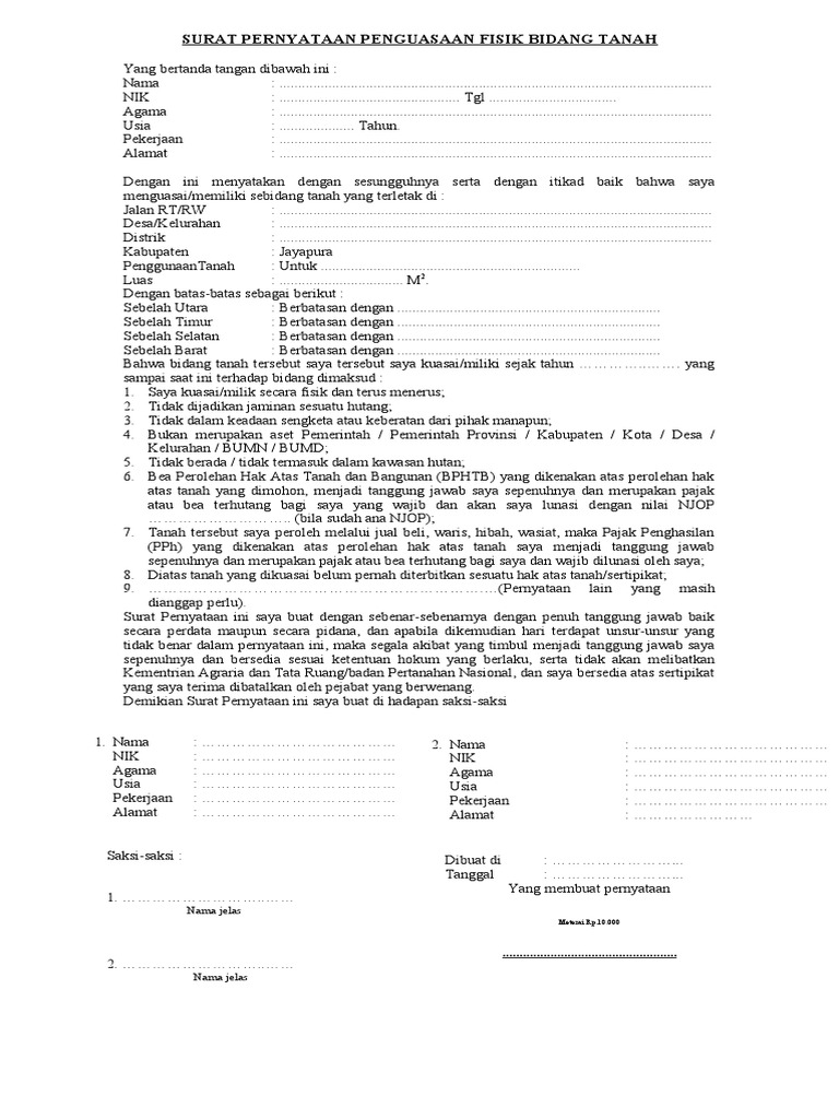 Surat Pernyataan Penguasaan Fisik Bidang Tanah | PDF