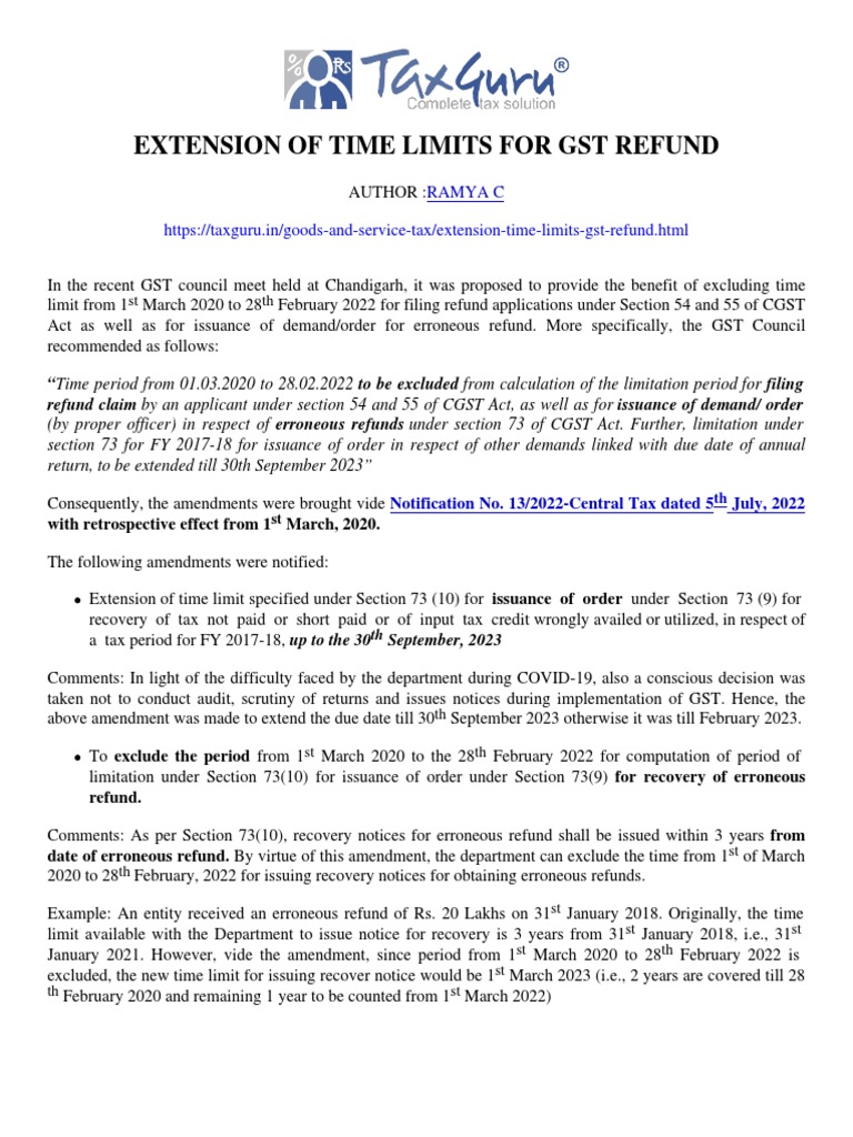 Extension of Time Limits For GST Refund Taxguru in PDF Taxation