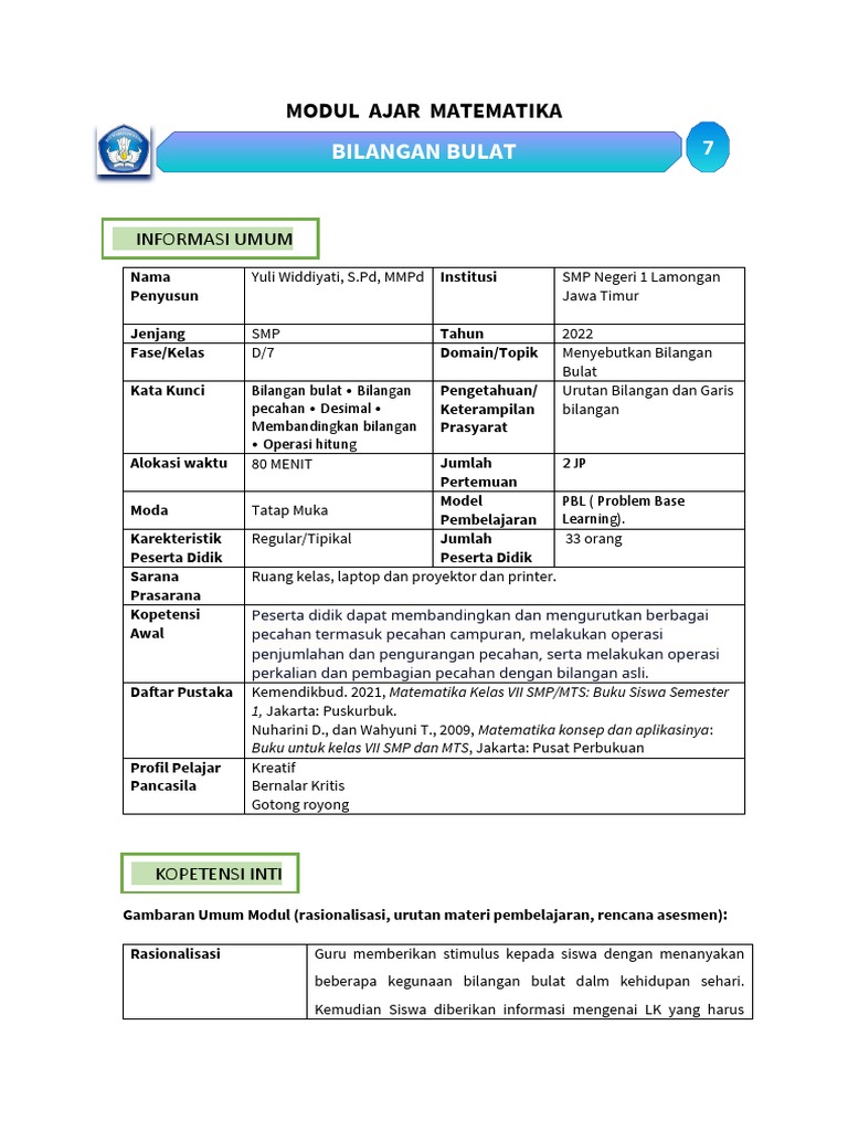 Contoh Modul Ajar Mat SMP | PDF
