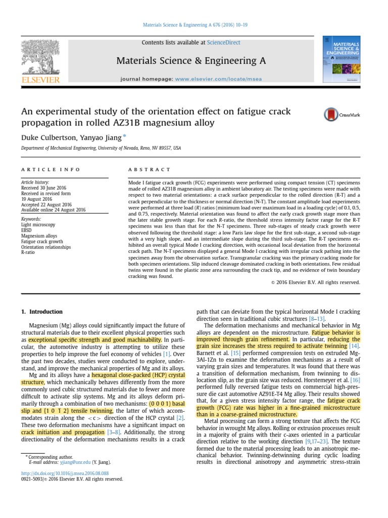 An Experimental Study of The Orientation Effect On Fatigue Crack ...