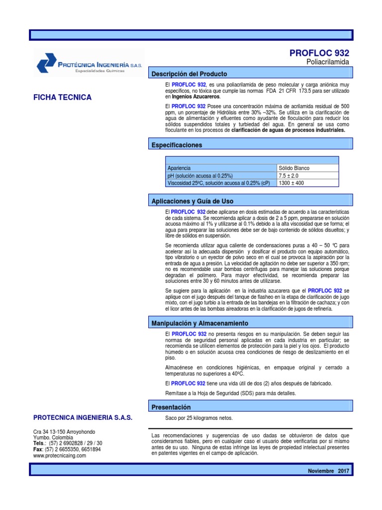 Floculante PROFLOC 932 para Aguas Industriales | PDF | Agua | Química
