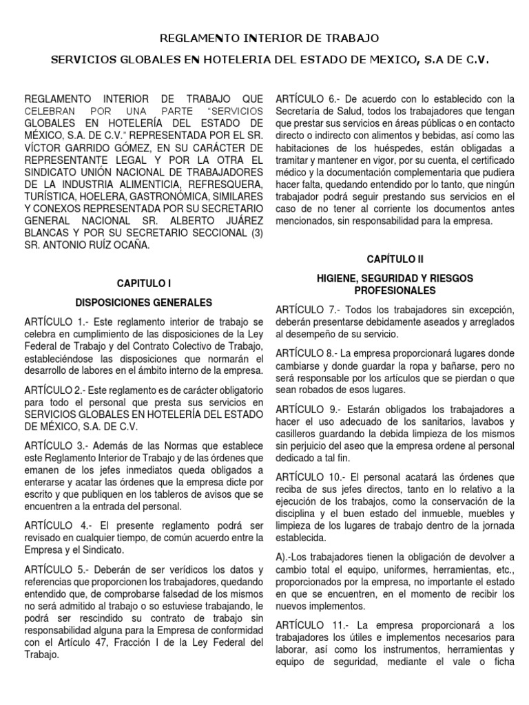 Reglamento Interior de Trabajo PDF | PDF | Business | Hotel