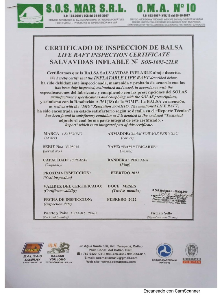 17 Certificado Balsa Salvavidas Er 108015 | PDF