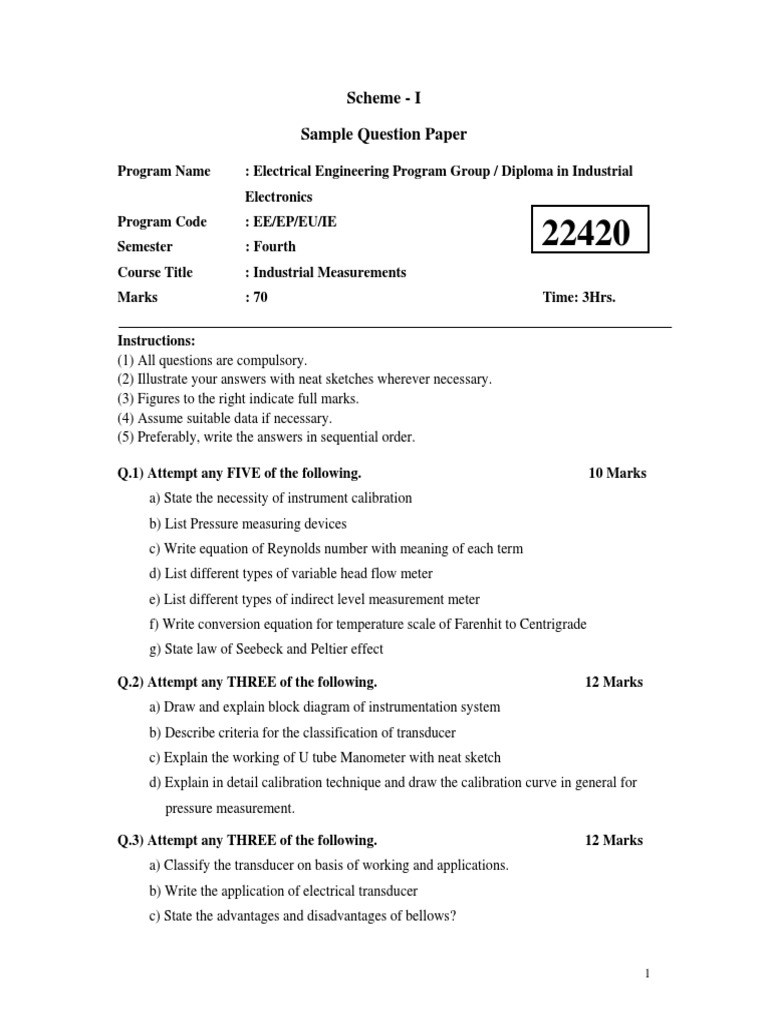 Industrial Measurements Exam Paper | PDF | Pressure Measurement ...