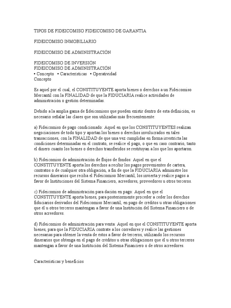 Tipos de Fideicomiso Fideicomiso de Garantia | PDF | Ley de fideicomiso ...