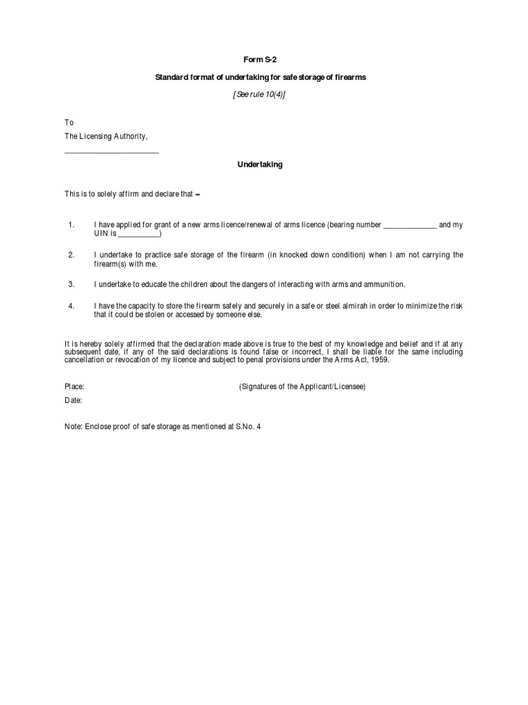 Safe Storage Undertaking for Arms License | PDF