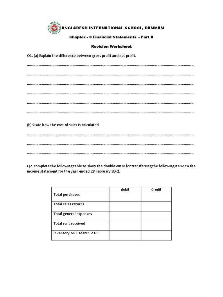 Financial Statements Revision Worksheet | PDF | Expense | Income Statement