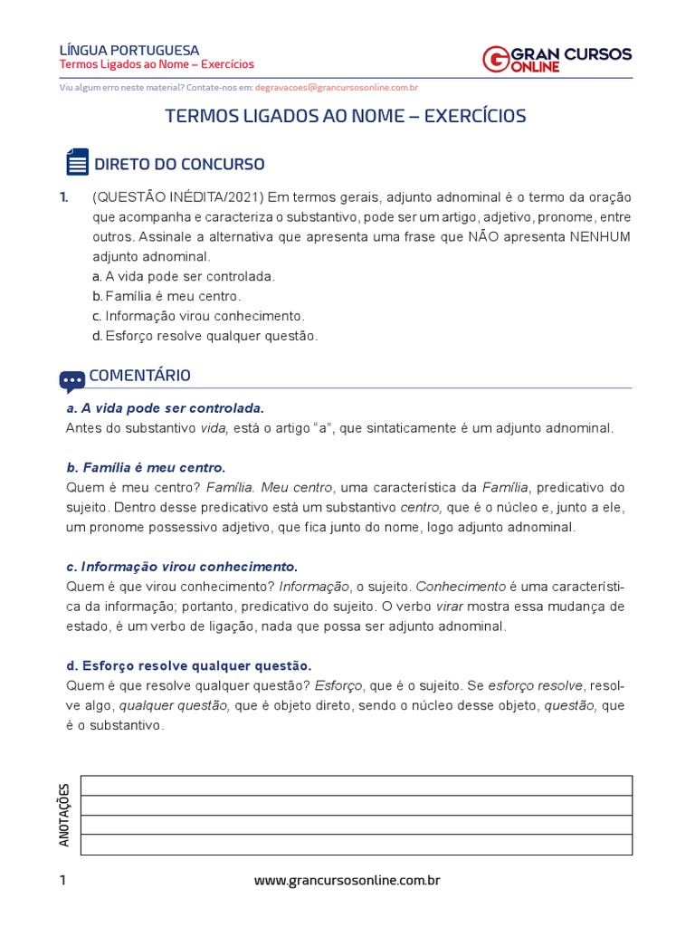 Exercícios sobre Termos Ligados ao Nome | PDF | Pronome | Assunto ...