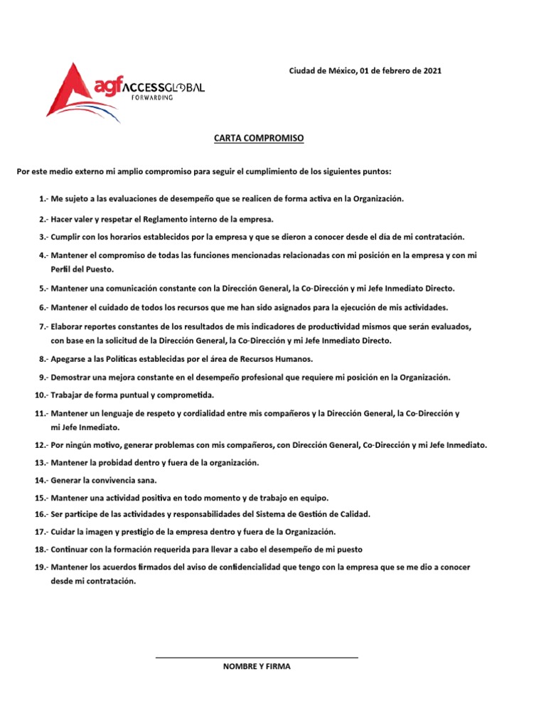 Carta de Compromiso Laboral en Inglés | PDF | Negocios | Finanzas y dinero