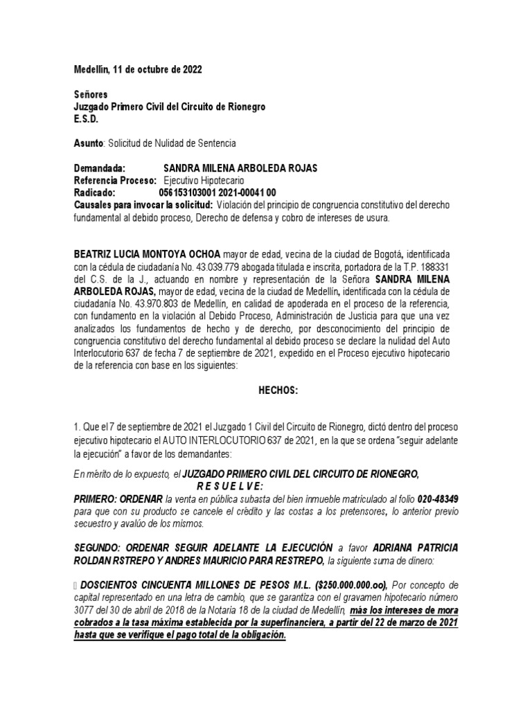 Solicitud de Nulidad de Sentencia | PDF | Sentencia (ley) | Debido al