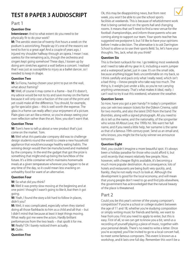 Test 8 Paper 3 Audioscript Overview | PDF | Language Arts & Discipline