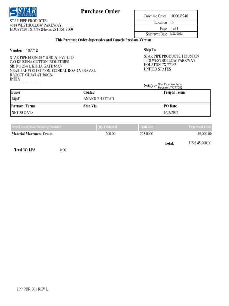 Purchase Order for Material Movement Crates from Star Pipe Foundry