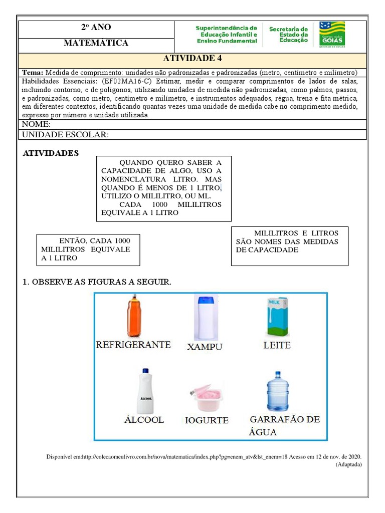 Atividade 4 Tema Medida de Comprimento Unidades Nao Padronizadas e ...