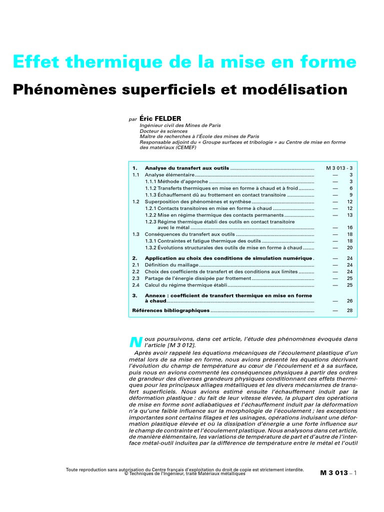 Effet Thermique de La Mise en Forme. Phénomènes Superficiels Et ...