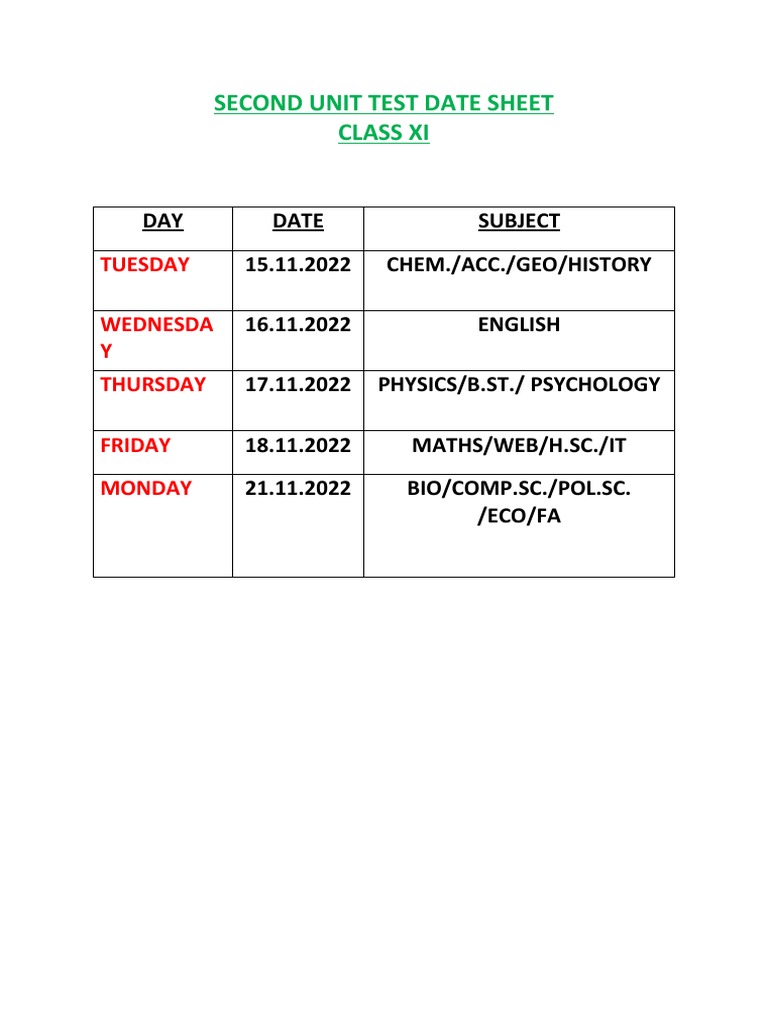 2nd Ut Datesheet Class11 Pdf