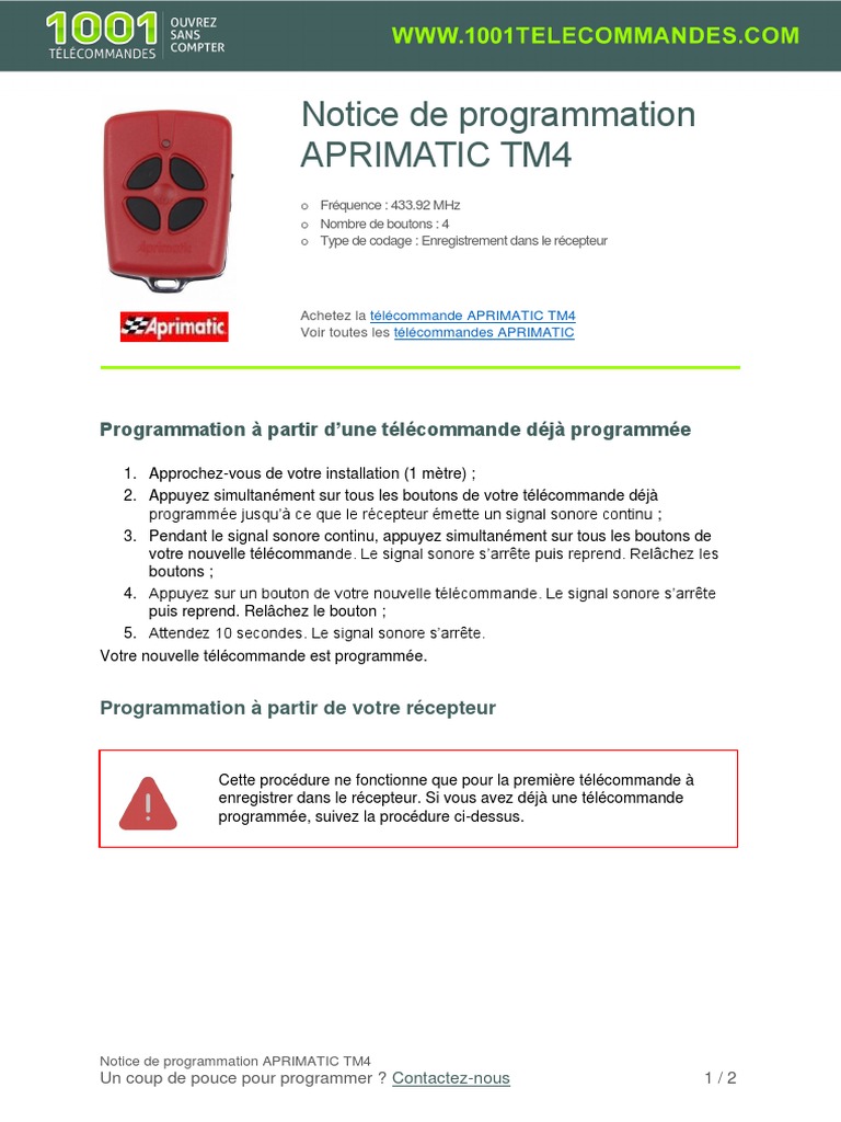 Programmation Télécommande APRIMATIC TM4 | PDF