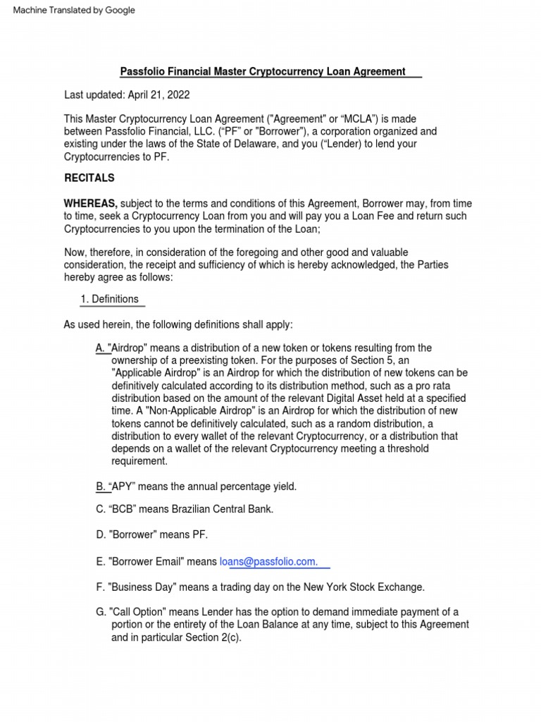Passfolio Cryptocurrency Loan Agreement | PDF | Loans | Indemnity