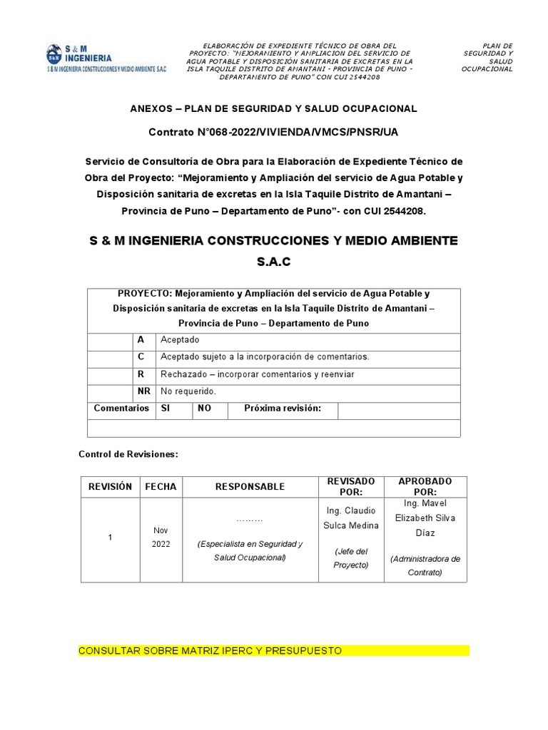Plan de Seguridad y Salud Ocupacional en Taquile | PDF | Seguridad y ...