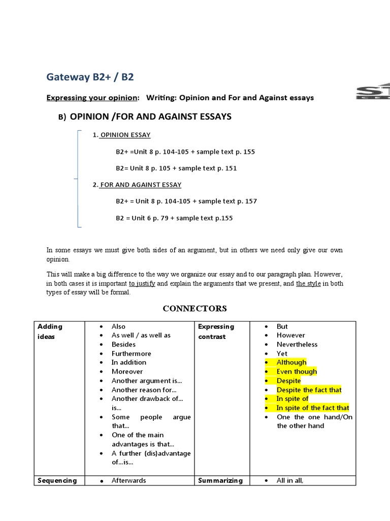 2bat + OPINION FOR AND AGAINST CONNECTORS B2+ PDF Essays Argument