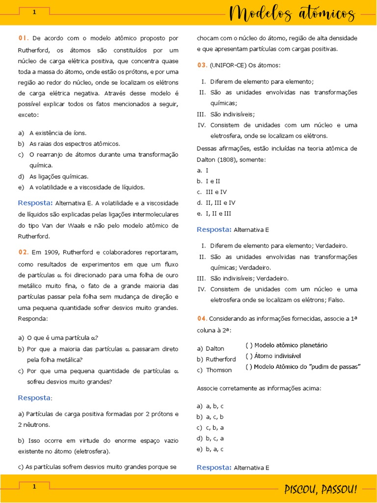 Exercícios sobre Modelos Atômicos | PDF | Elétron | Núcleo atômico