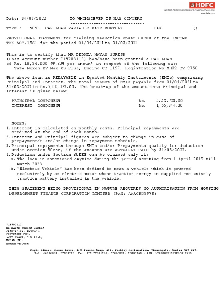 HDFC Car Loan Certificate PDF