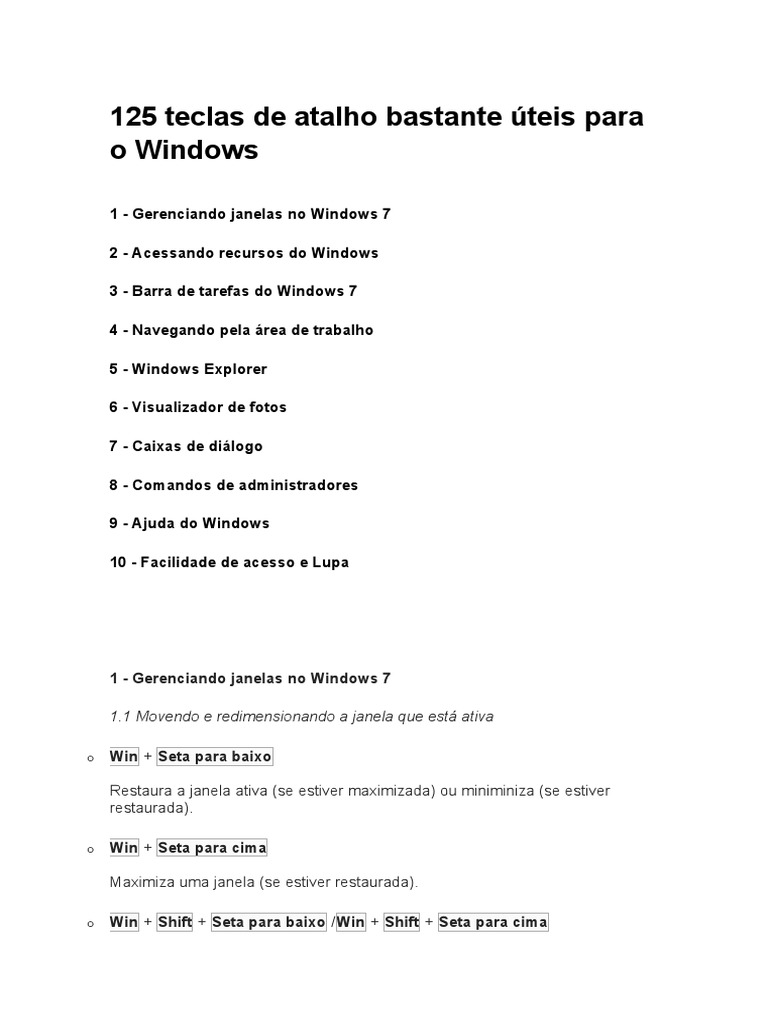 Atalhos Úteis para Windows 7 | PDF | Janela (informática) | Teclado de ...