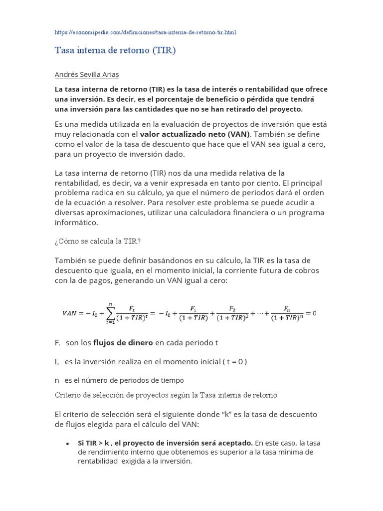 Definición y Cálculo de la TIR | PDF | Tasa interna de retorno | Economias