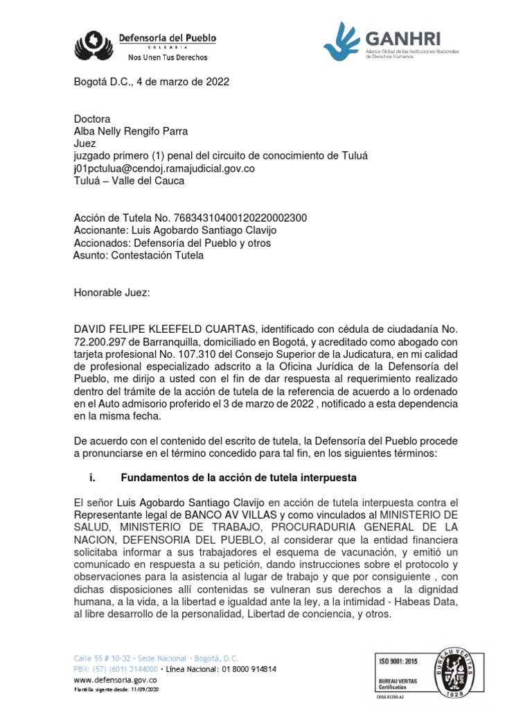 Contestación de Tutela: Derechos Humanos | PDF | Derechos | Derecho ...