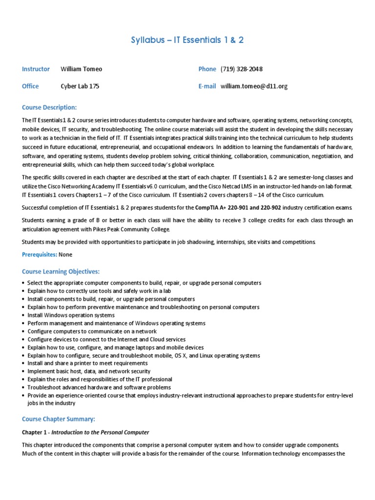 IT Essentials 1 2 Syllabus Rev Spring 2018 | PDF | Computer Network ...
