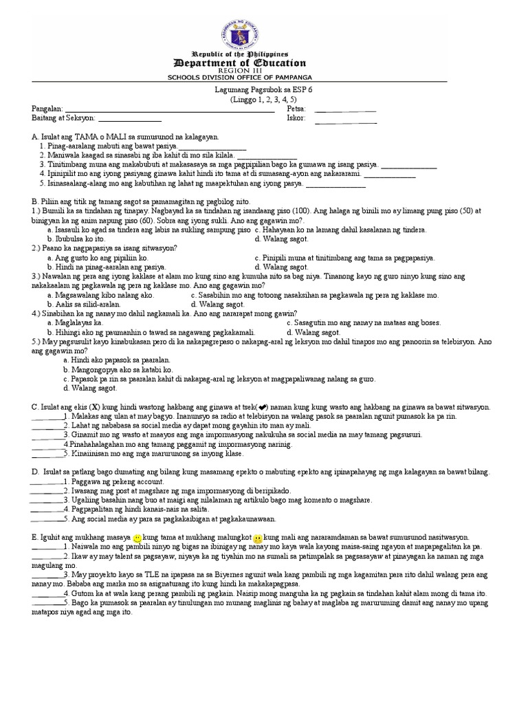 Quarter 1 1st Summative Test in ESP 6 | PDF